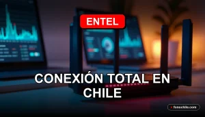 Entel WiFi Hogar 2026 router and devices on a modern wooden desk with glowing lights and abstract data visualizations.
