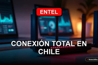 Entel WiFi Hogar 2026 router and devices on a modern wooden desk with glowing lights and abstract data visualizations.