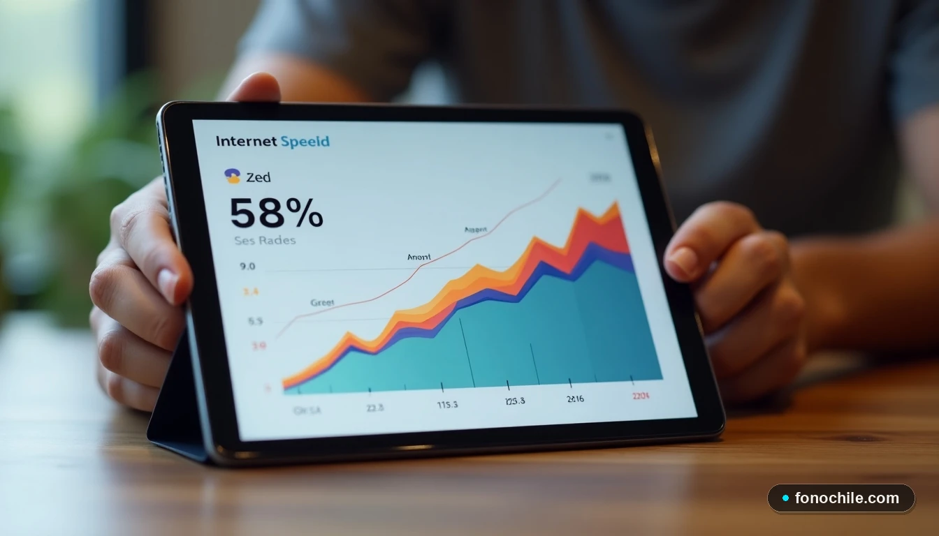 Gráfico abstracto de colores mostrando velocidad de internet y cobertura de señal WiFi en una tableta moderna.