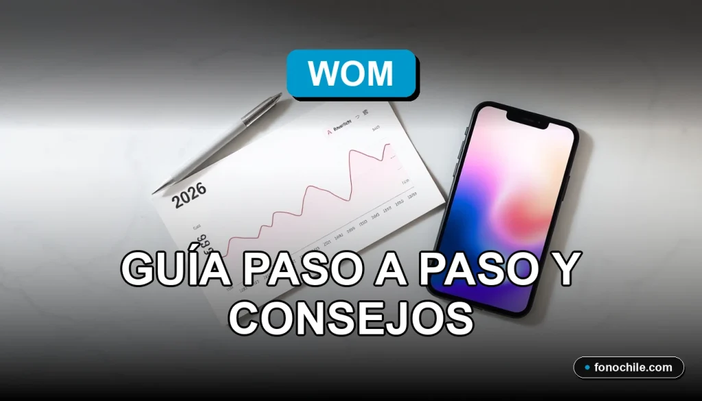 Una boleta de servicios WOM 2026 y un teléfono inteligente mostrando gráficos de consumo de datos, sobre un escritorio moderno.
