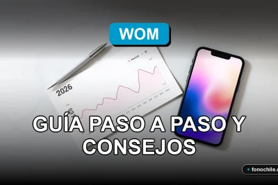 Una boleta de servicios WOM 2026 y un teléfono inteligente mostrando gráficos de consumo de datos, sobre un escritorio moderno.