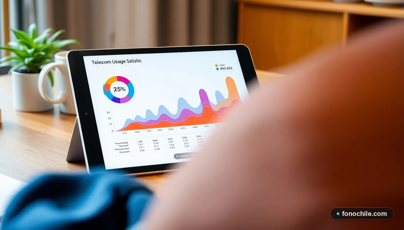 Gráfico abstracto de colores mostrando estadísticas de consumo de datos móviles y llamadas en una tableta sobre una mesa.
