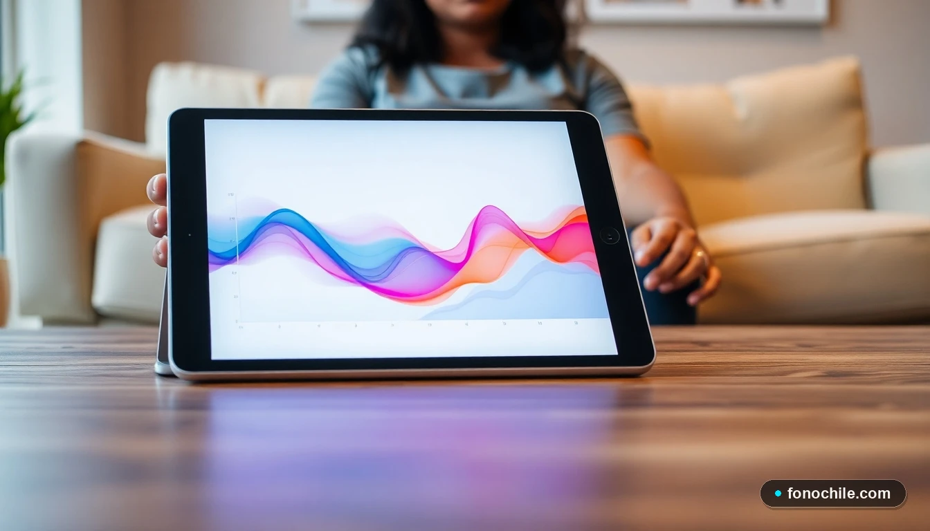 Gráfico abstracto de datos sobre uso de televisión por suscripción en una tableta sobre una mesa de madera.
