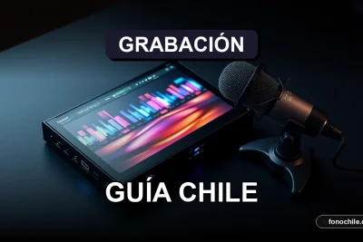 Guía de equipos de home studio para producción musical en Chile 2026, mostrando interfaz de audio y micrófono profesional.