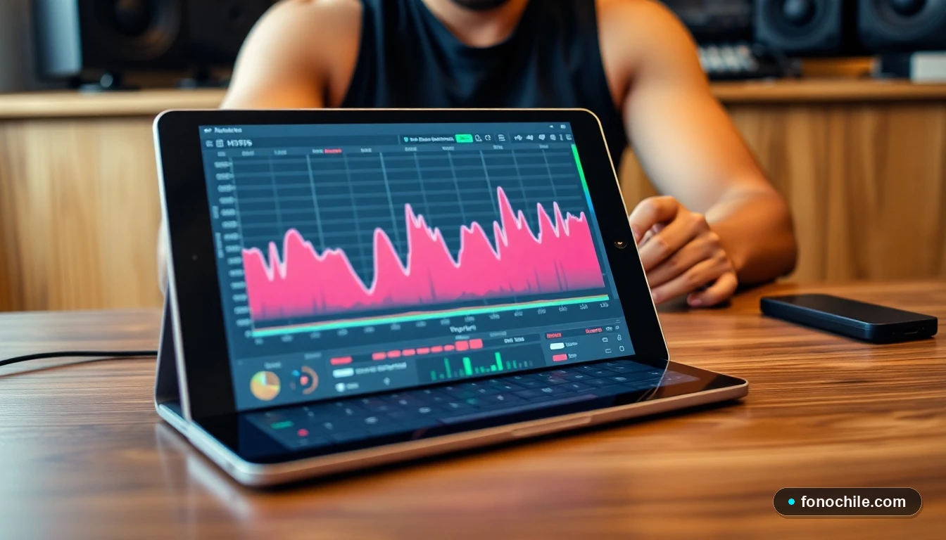 Gráfico abstracto de flujo de señal y calidad de audio para equipos de grabación de home studio en Chile.