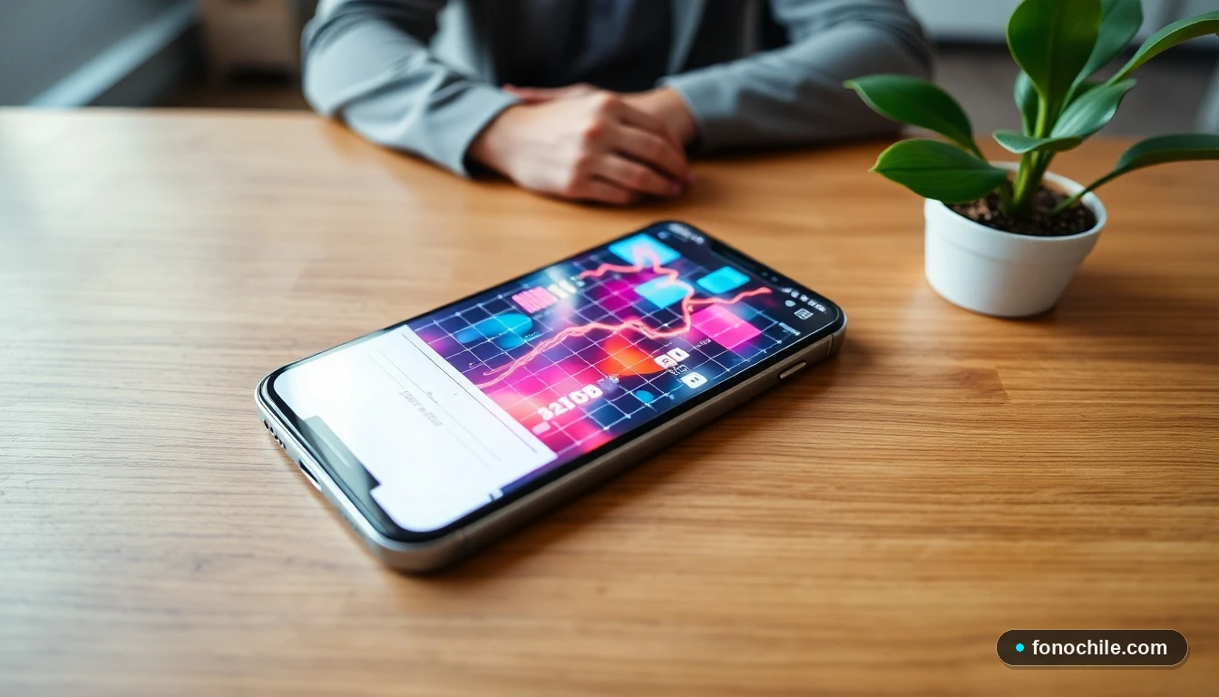 Smartphone moderno mostrando gráficos abstractos de rendimiento de red y datos, sobre una mesa de madera.