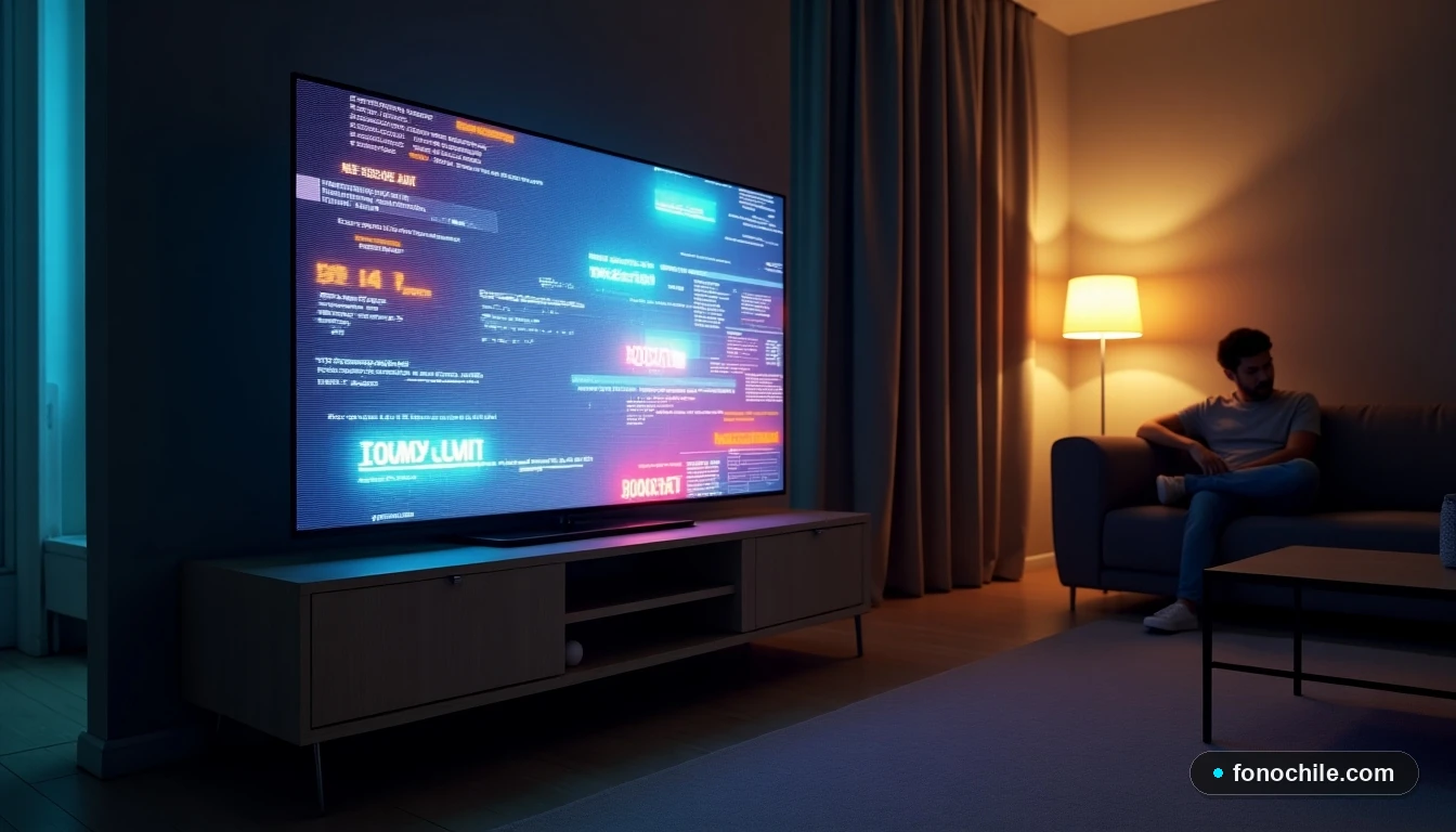 Televisor mostrando gráficos de colores abstractos simulando un error de señal de televisión por suscripción en un living moderno.