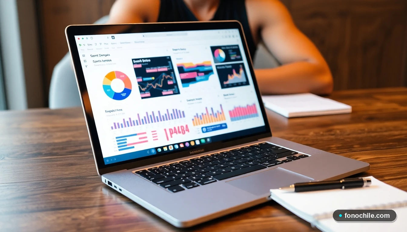 Laptop mostrando análisis de datos sobre escuelas deportivas y fútbol formativo en Santiago de Chile