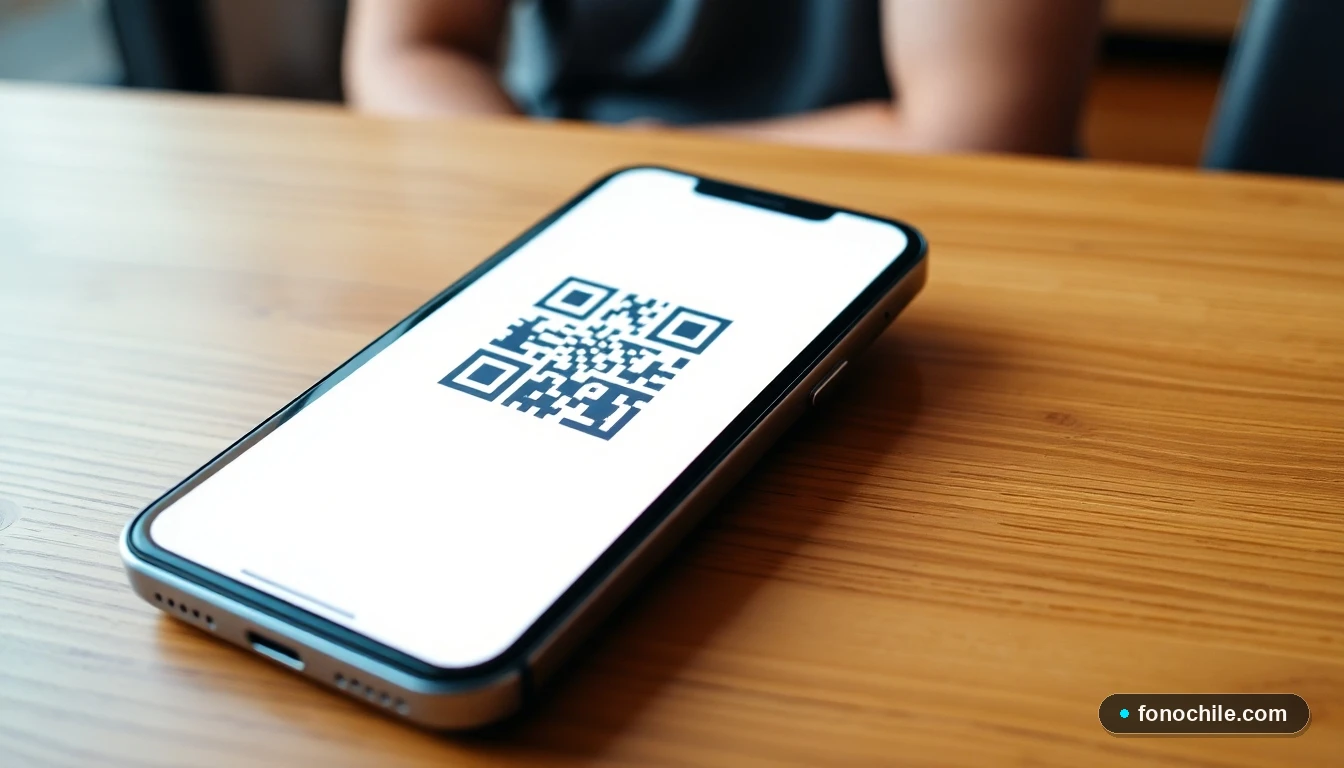 Smartphone mostrando un código QR abstracto para la activación de una eSIM en Chile.