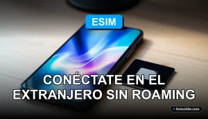Una moderna tarjeta eSIM sobre una mesa de diseño, con gráficos abstractos de colores en la pantalla de un smartphone, representando la conectividad global para viajeros.