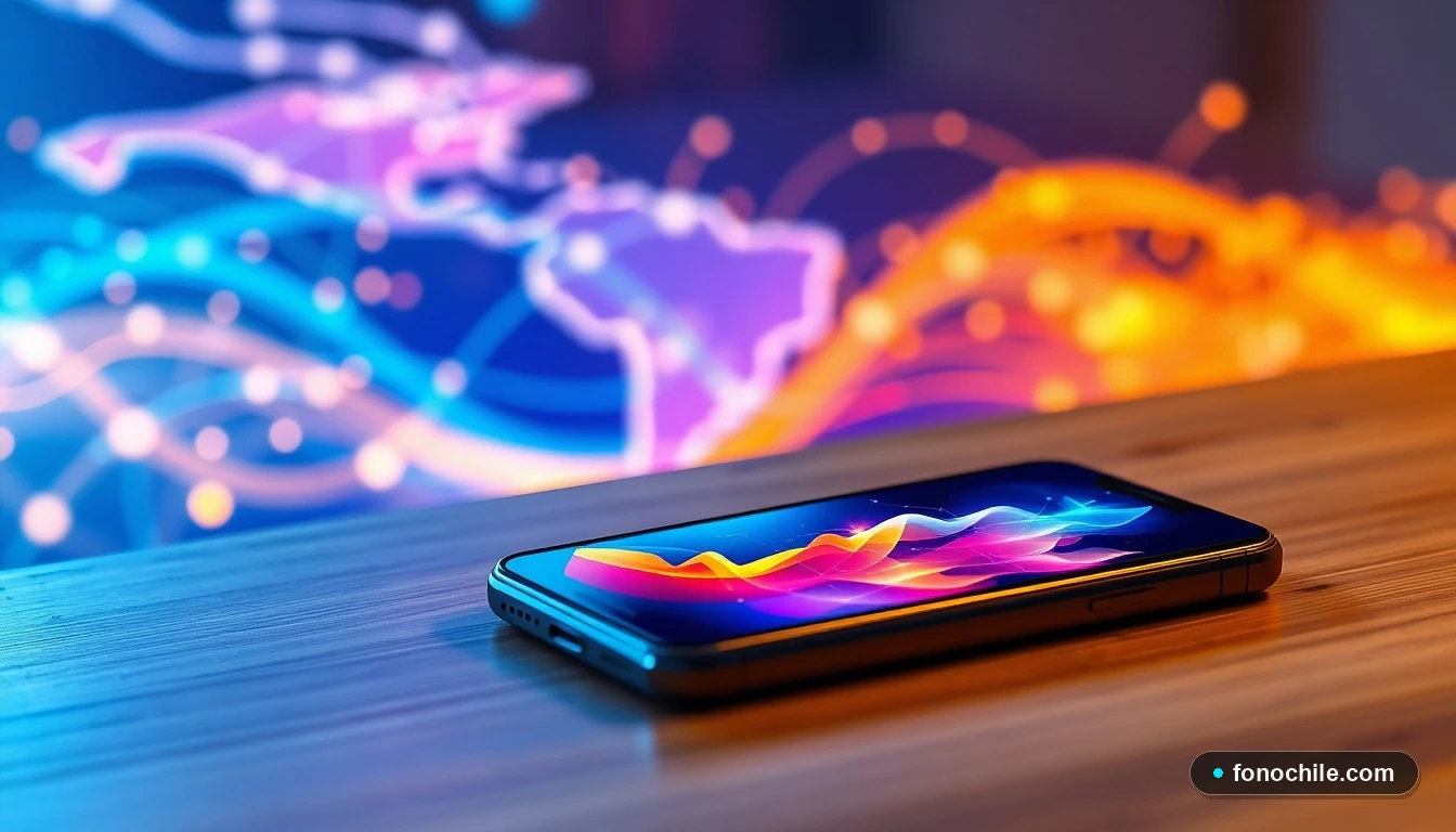 Representación abstracta de conectividad global con eSIM, mostrando un mapa de Sudamérica con flujos de datos y un smartphone con gráficos de cobertura.