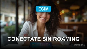 Una moderna tarjeta eSIM sobre un mapa de viaje, con gráficos abstractos de colores en la pantalla de un smartphone.