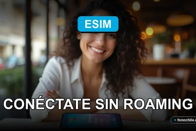 Una moderna tarjeta eSIM sobre un mapa de viaje, con gráficos abstractos de colores en la pantalla de un smartphone.