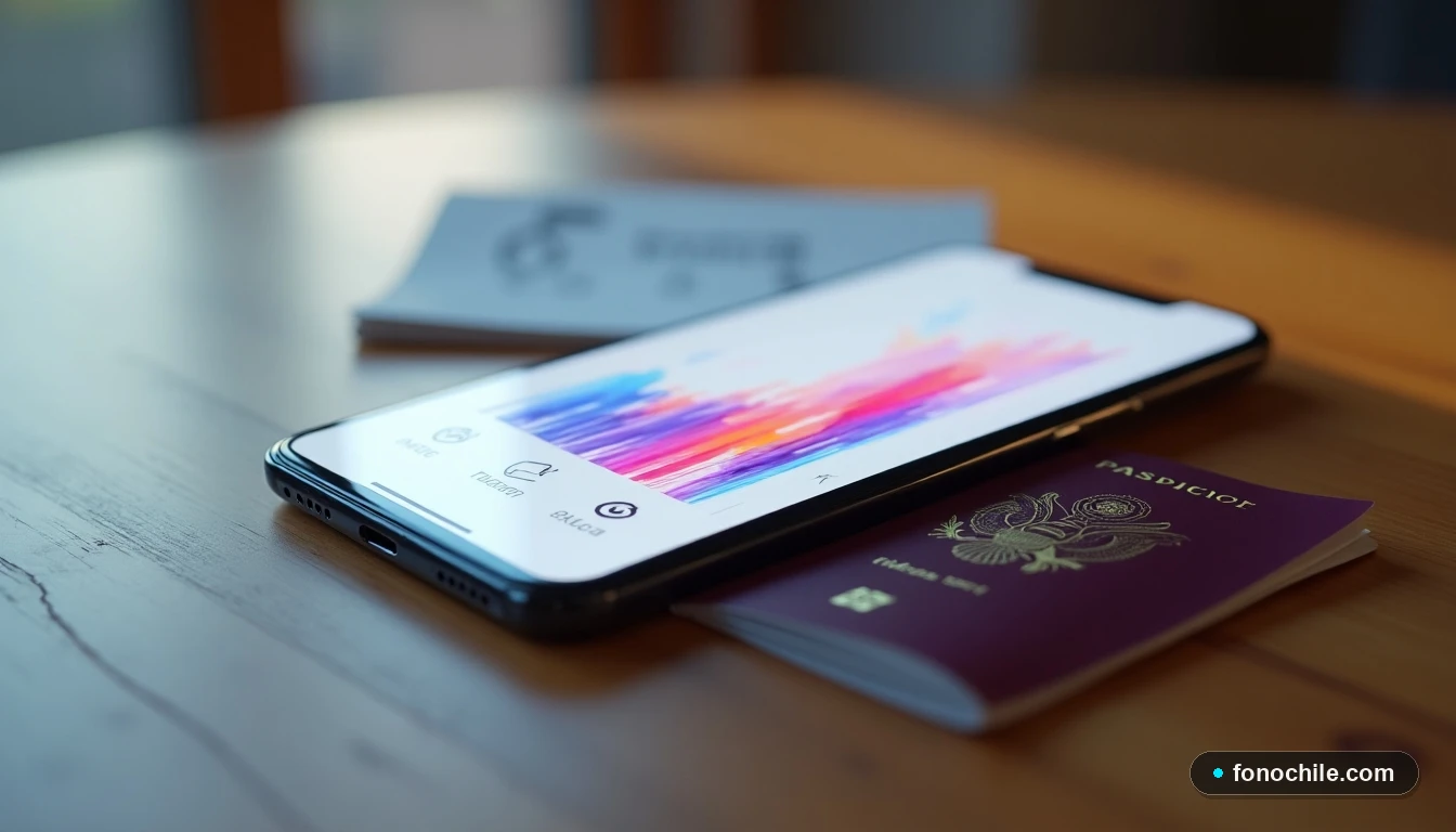 Smartphone mostrando una interfaz de activación de eSIM junto a pasaporte y documentos de viaje, concepto de conectividad para turistas.