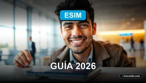 Una guía visual sobre eSIM para viajeros chilenos en 2026, mostrando tecnología digital moderna.