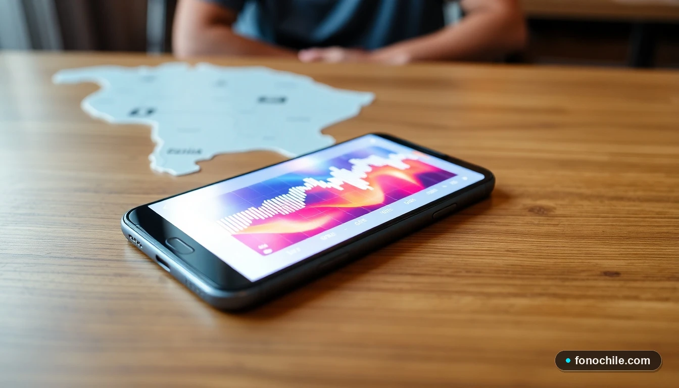 Smartphone mostrando gráficos de conectividad eSIM sobre un mapa de Sudamérica, ideal para viajeros chilenos.