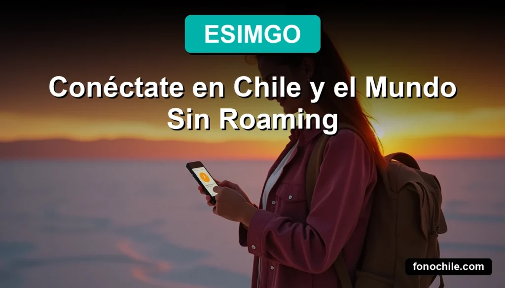Una mujer sonriente mira su smartphone con una conexión estable en el desierto de Atacama, Chile, mostrando la app eSIMGO. Tecnología eSIM para viajeros internacionales en 2026.