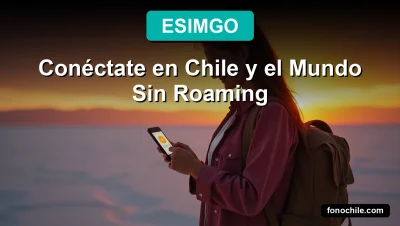Una mujer sonriente mira su smartphone con una conexión estable en el desierto de Atacama, Chile, mostrando la app eSIMGO. Tecnología eSIM para viajeros internacionales en 2026.