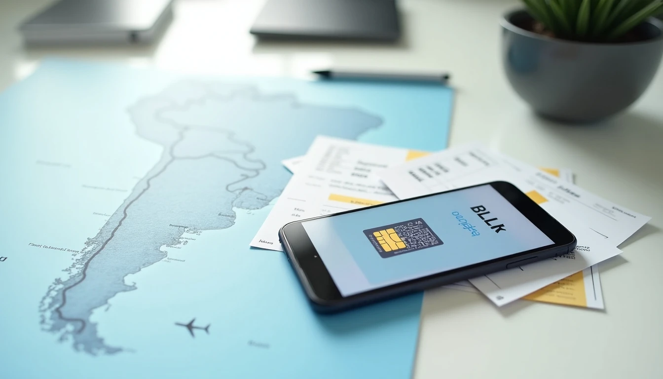 Smartphone mostrando código QR de eSIM sobre un mapa de Chile, concepto de viaje y conectividad digital moderna.