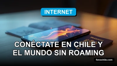 Un teléfono inteligente moderno con una pantalla que muestra gráficos abstractos de color azul y naranja, descansando sobre una mesa de madera clara junto a un pasaporte abierto y un mapa digital de Chile y el mundo.