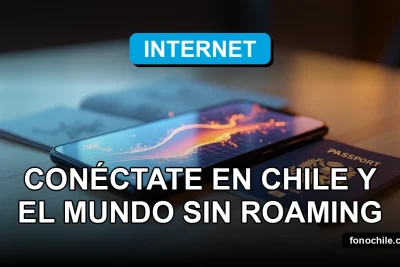 Un teléfono inteligente moderno con una pantalla que muestra gráficos abstractos de color azul y naranja, descansando sobre una mesa de madera clara junto a un pasaporte abierto y un mapa digital de Chile y el mundo.