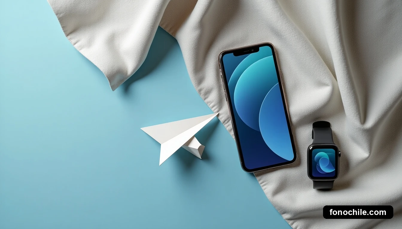 Disposición plana de un teléfono inteligente y un reloj inteligente sobre tela, con pantallas que muestran interfaces genéricas difusas, junto a un avión de papel hecho de un mapa.
