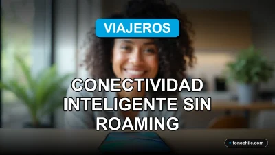 Una mujer latina sonriendo mientras usa su teléfono inteligente con un eSIM para viajar, mostrando conectividad global sin costos de roaming.