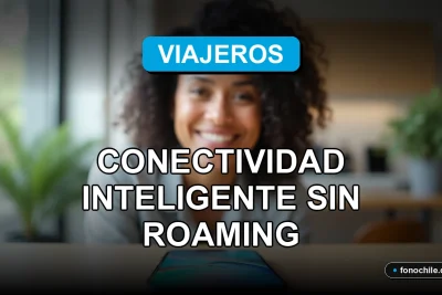 Una mujer latina sonriendo mientras usa su teléfono inteligente con un eSIM para viajar, mostrando conectividad global sin costos de roaming.
