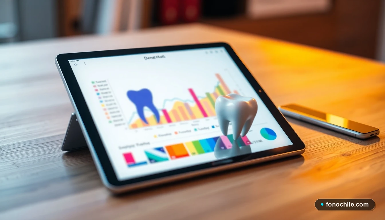 Representación abstracta de un diagnóstico dental digital con gráficos de colores en una pantalla de tablet.