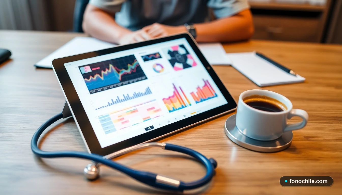 Visualización abstracta de datos médicos y especialidades en una tablet sobre un escritorio.