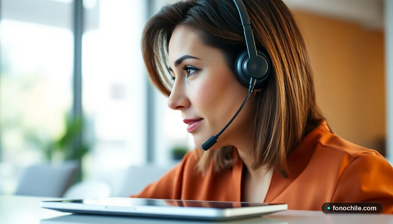 Agente de Essbio escuchando atentamente a un cliente a través de auriculares en un entorno de oficina moderno.