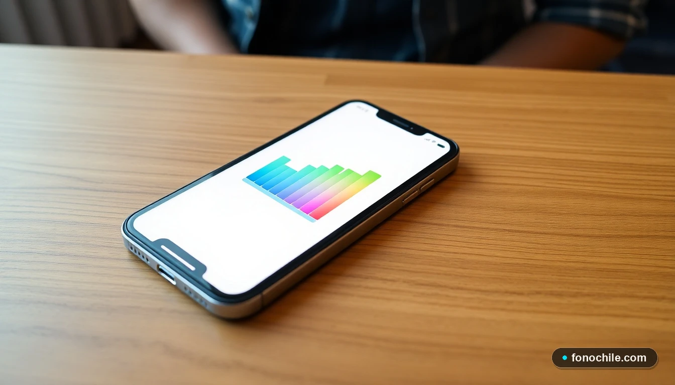 Smartphone mostrando una pantalla abstracta con gráfico de progreso de un trámite exitoso en colores verdes y azules.