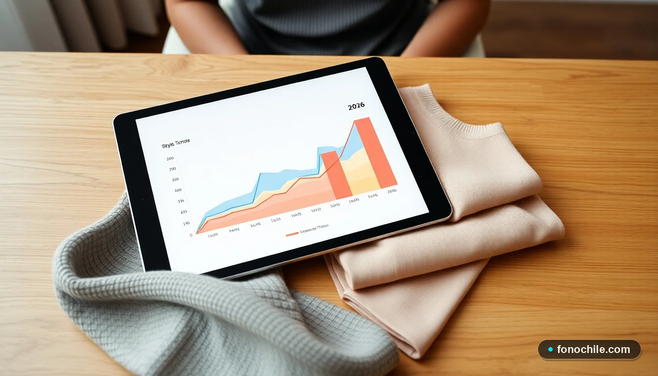 Tablet mostrando gráficos de tendencias de moda 2026 junto a prendas básicas dobladas, sobre una mesa de madera.