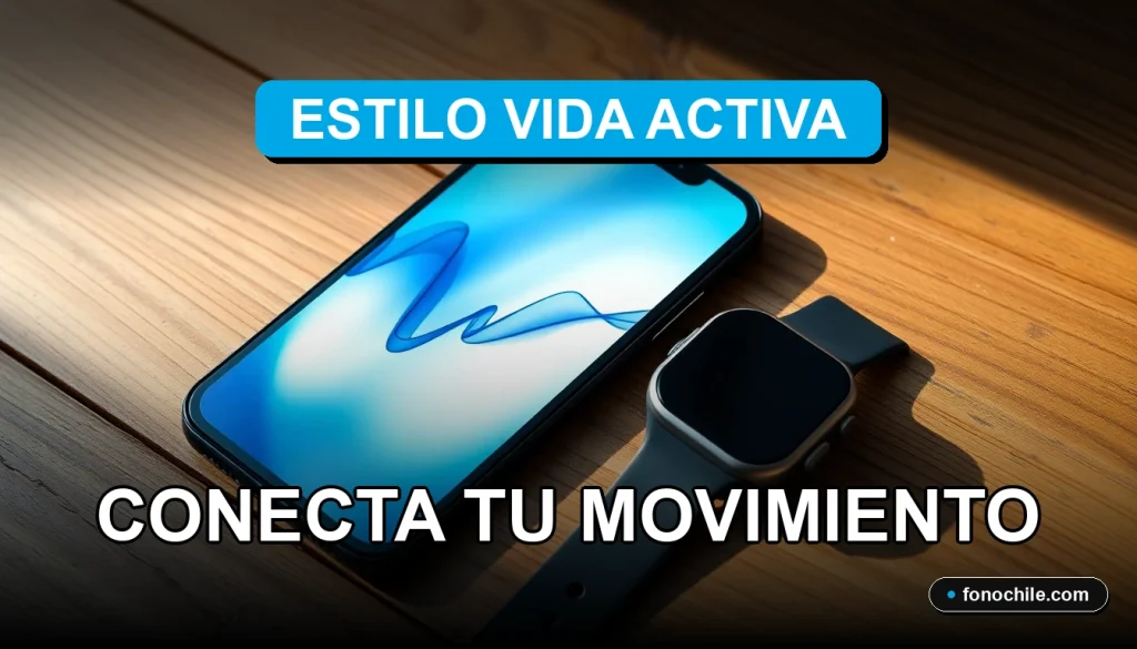 Un teléfono inteligente moderno en una mesa de madera, mostrando gráficos abstractos de actividad, junto a un reloj inteligente y auriculares inalámbricos.