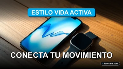 Un teléfono inteligente moderno en una mesa de madera, mostrando gráficos abstractos de actividad, junto a un reloj inteligente y auriculares inalámbricos.