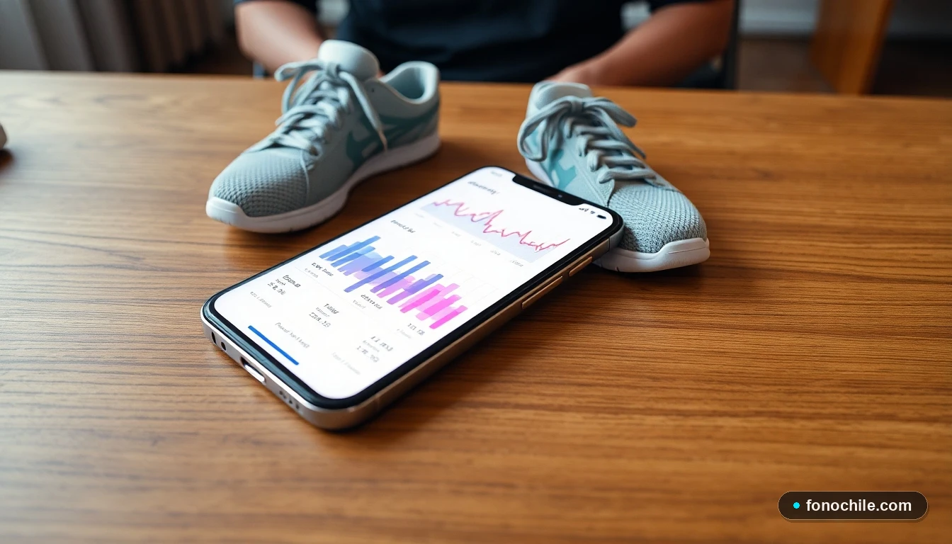Smartphone mostrando gráficos de actividad junto a calzado deportivo premium sobre una mesa de madera.