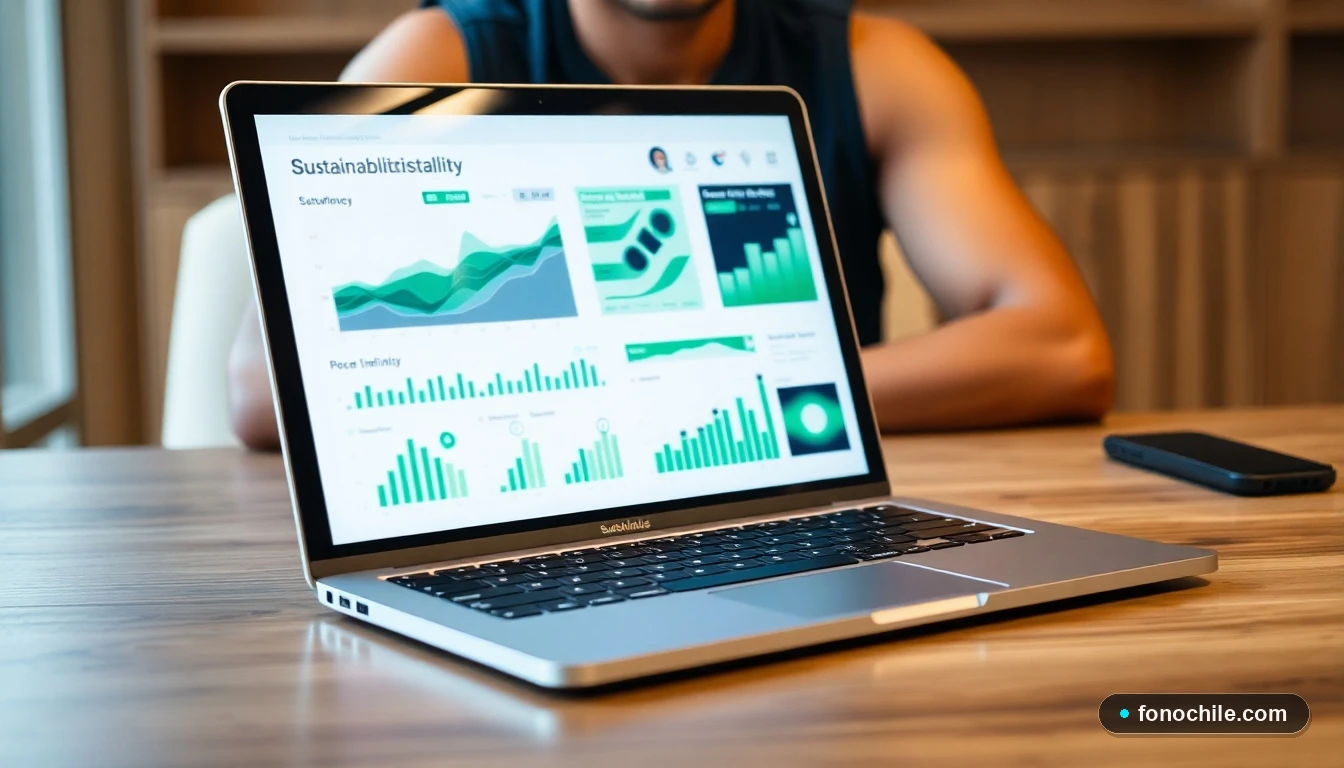 Análisis visual de métricas de sostenibilidad en pantalla de ordenador con gráficos abstractos de colores.