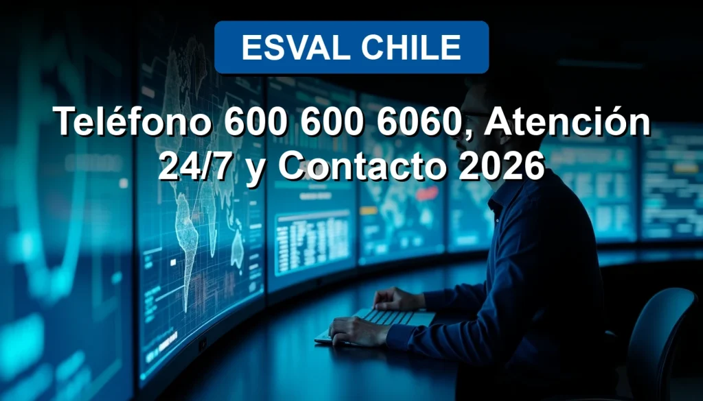 Esval Chile customer service representative assisting a client via video call on a large screen, showcasing 24/7 support and modern utility technology.