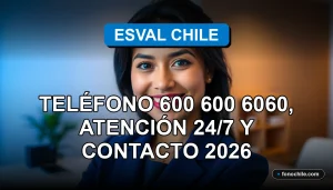 Una mujer hispana sonriendo, representando el servicio al cliente 24/7 de Esval Chile, con un teléfono inteligente en modo silencioso sobre una mesa limpia al fondo.