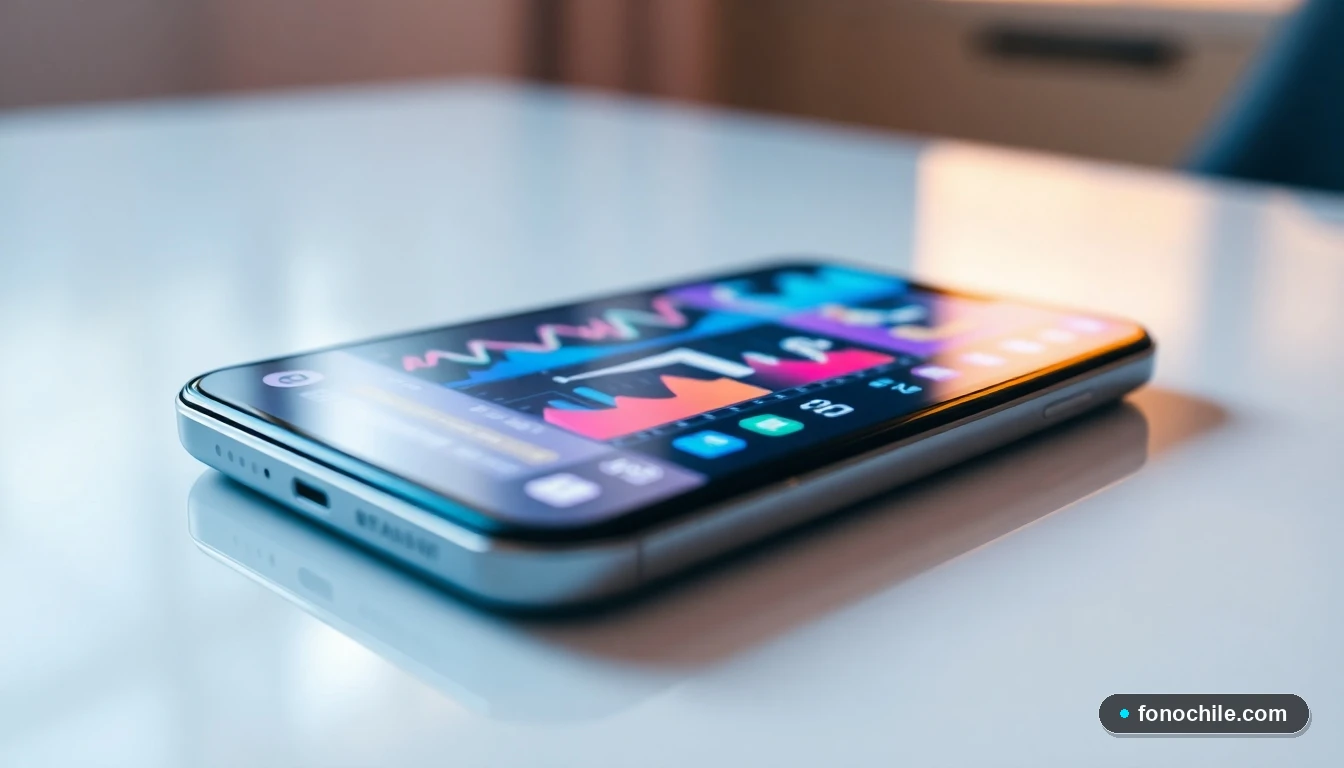 Primer plano de un teléfono inteligente moderno sobre una mesa, con la pantalla mostrando gráficos abstractos de colores, representando la tecnología y conectividad de Esval.