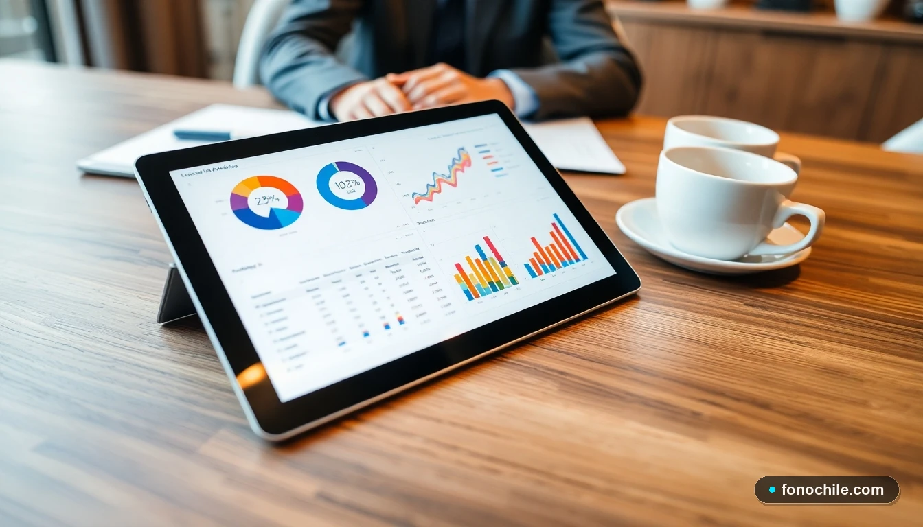 Tablet mostrando gráficos de análisis para la planificación de eventos corporativos en Chile
