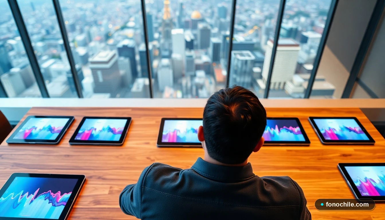Vista aérea de una mesa ejecutiva con dispositivos mostrando gráficos de colores para un evento corporativo en Santiago de Chile.