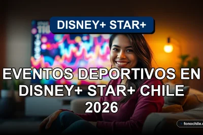 Una mujer latina sonríe mientras mira un evento deportivo en su televisor, transmitido por Disney+ Star+ en Chile.