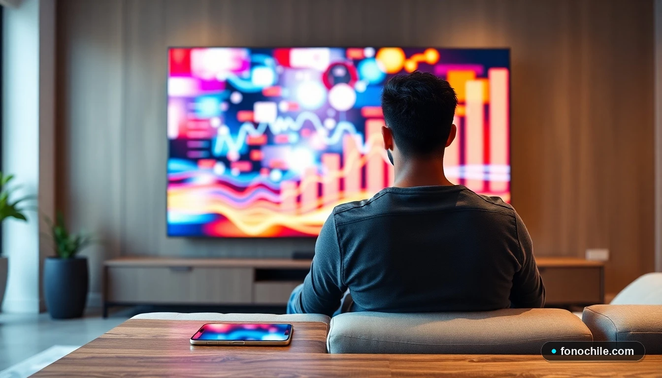 Hombre viendo gráficos de audiencia deportiva en la pantalla de su televisor inteligente en el living.