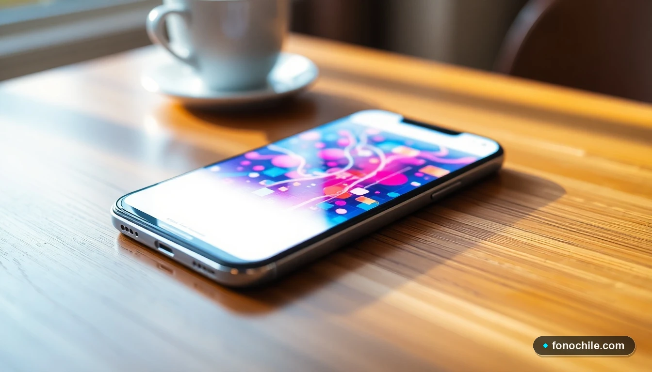 Smartphone mostrando un gráfico abstracto y colorido que representa la expansión de una red de telecomunicaciones moderna.