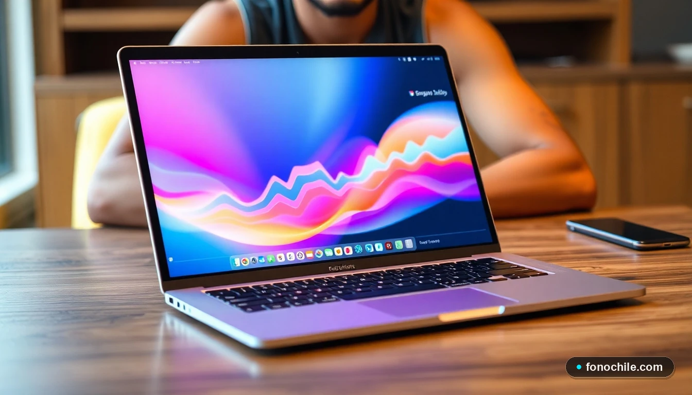 Pantalla de laptop mostrando un gráfico abstracto de colores sobre el uso de extensiones de navegador en un escritorio moderno.