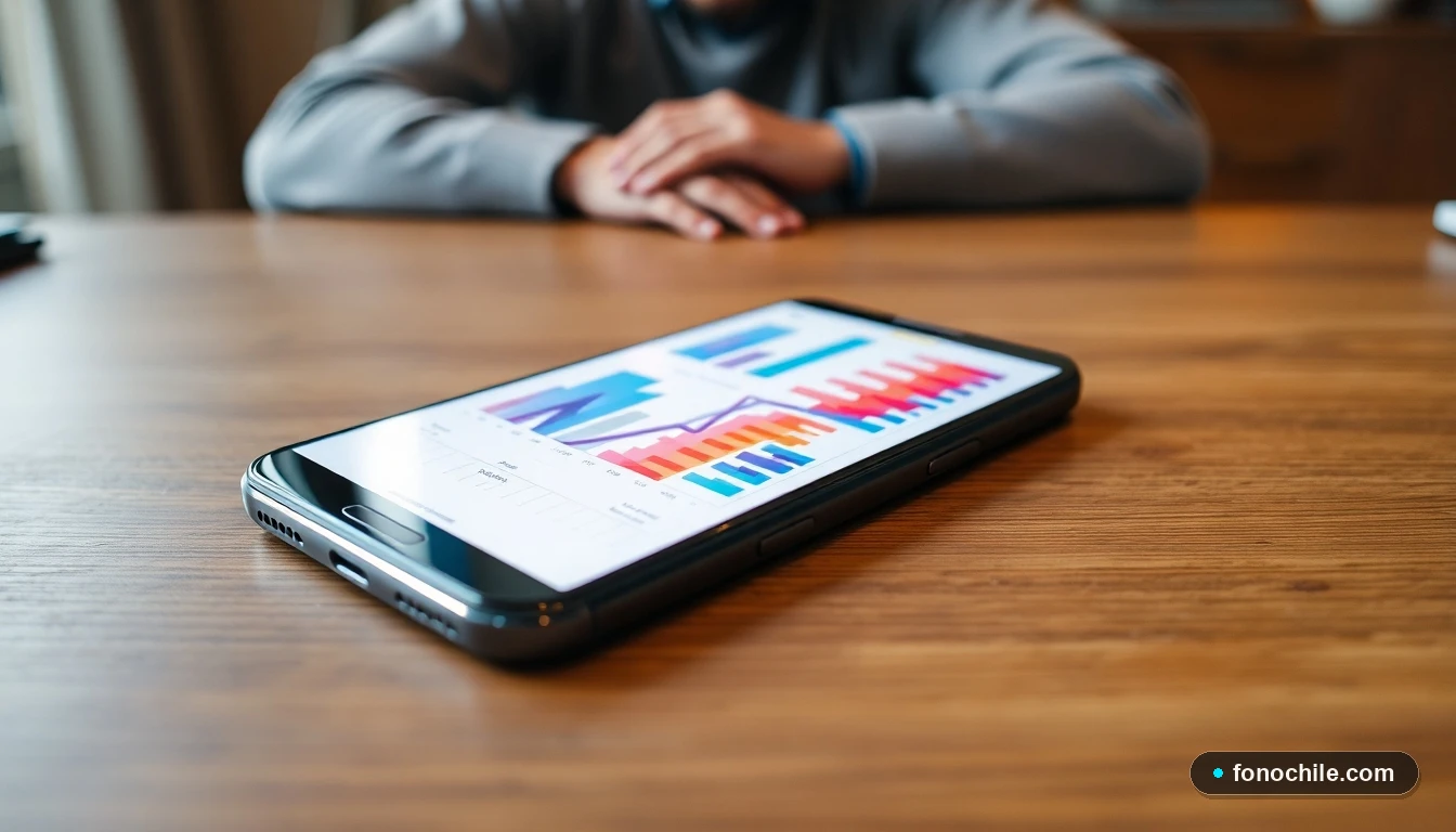 Smartphone mostrando gráficos de análisis de redes sociales para empresas en Chile
