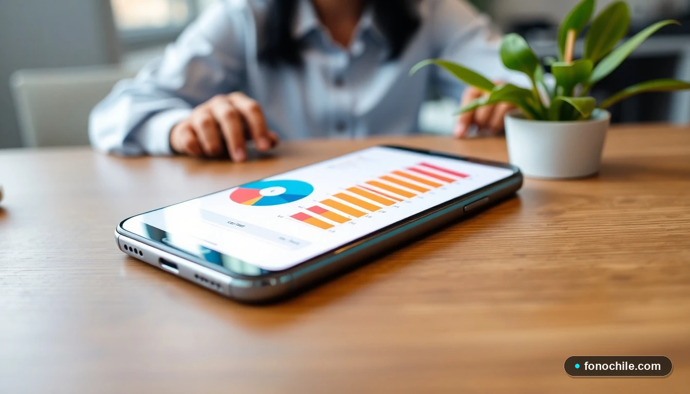 Pantalla de smartphone mostrando gráficos abstractos de consumo de datos de una factura de telecomunicaciones.