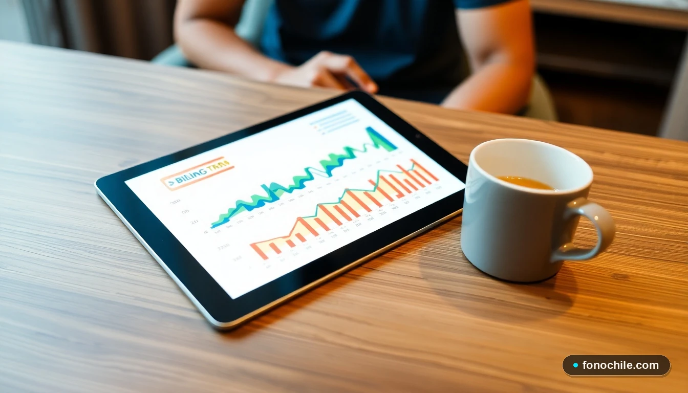 Tablet mostrando gráficos abstractos de gestión de facturación digital en colores vibrantes sobre una mesa.