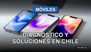 Diagnóstico de fallas comunes en teléfonos móviles en Chile, mostrando pantallas con gráficos abstractos.